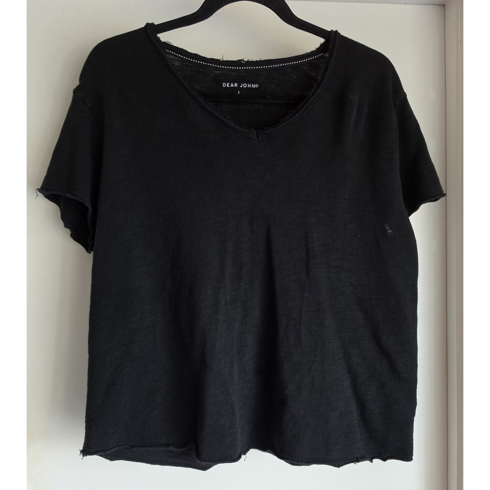 Dear John Women's Black Cotton T-Shirt Size L Short Sleeve Crew Tee Top Boxy